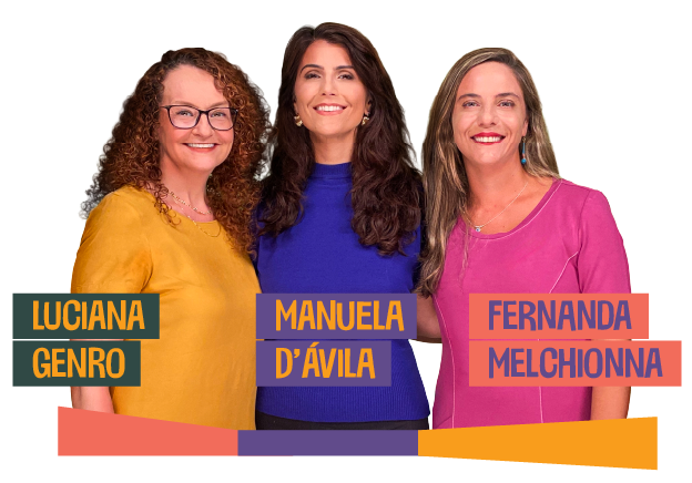 Foto com Luciana, Manuela e Fernanda sorrindo olhando para a câmera